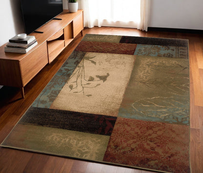 8' X 11' Beige And Brown Floral Block Pattern Area Rug