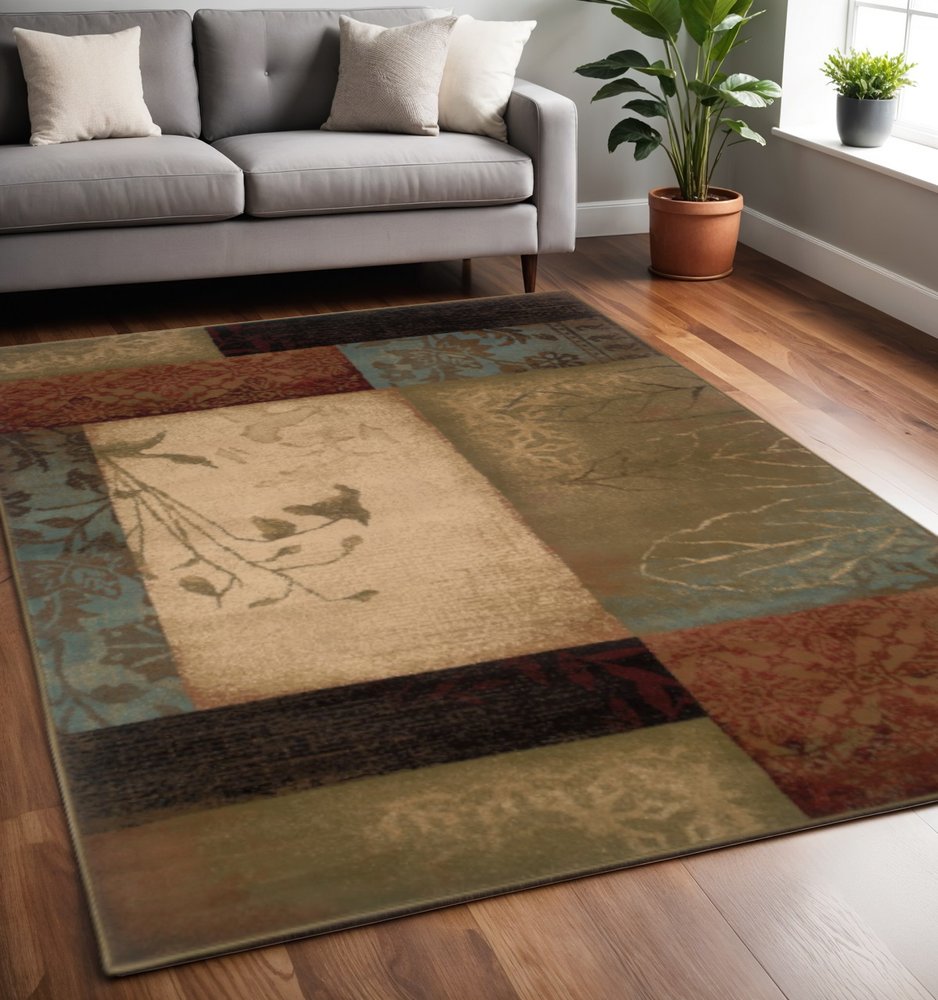 2' X 3' Beige And Brown Floral Block Pattern Scatter Rug