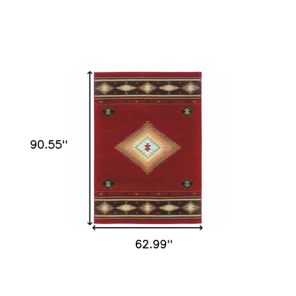 5' X 8' Red And Beige Ikat Pattern Area Rug