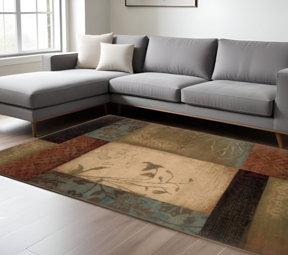 5' X 8' Beige And Brown Floral Block Pattern Area Rug