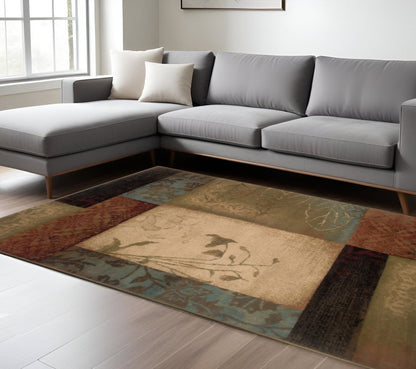 5' X 8' Beige And Brown Floral Block Pattern Area Rug