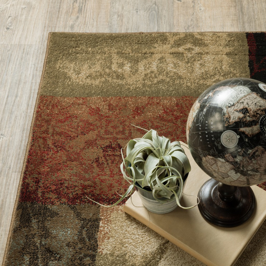 8' X 11' Beige And Brown Floral Block Pattern Area Rug