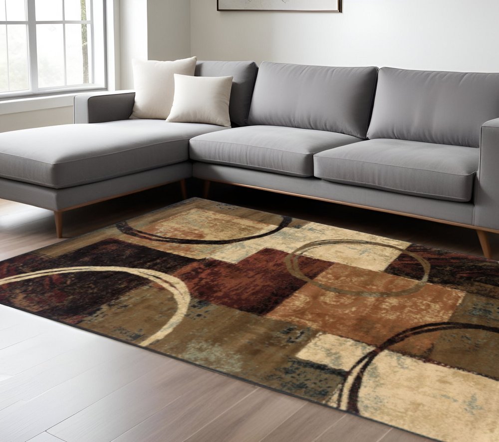 2' X 3' Brown And Black Abstract Geometric Scatter Rug