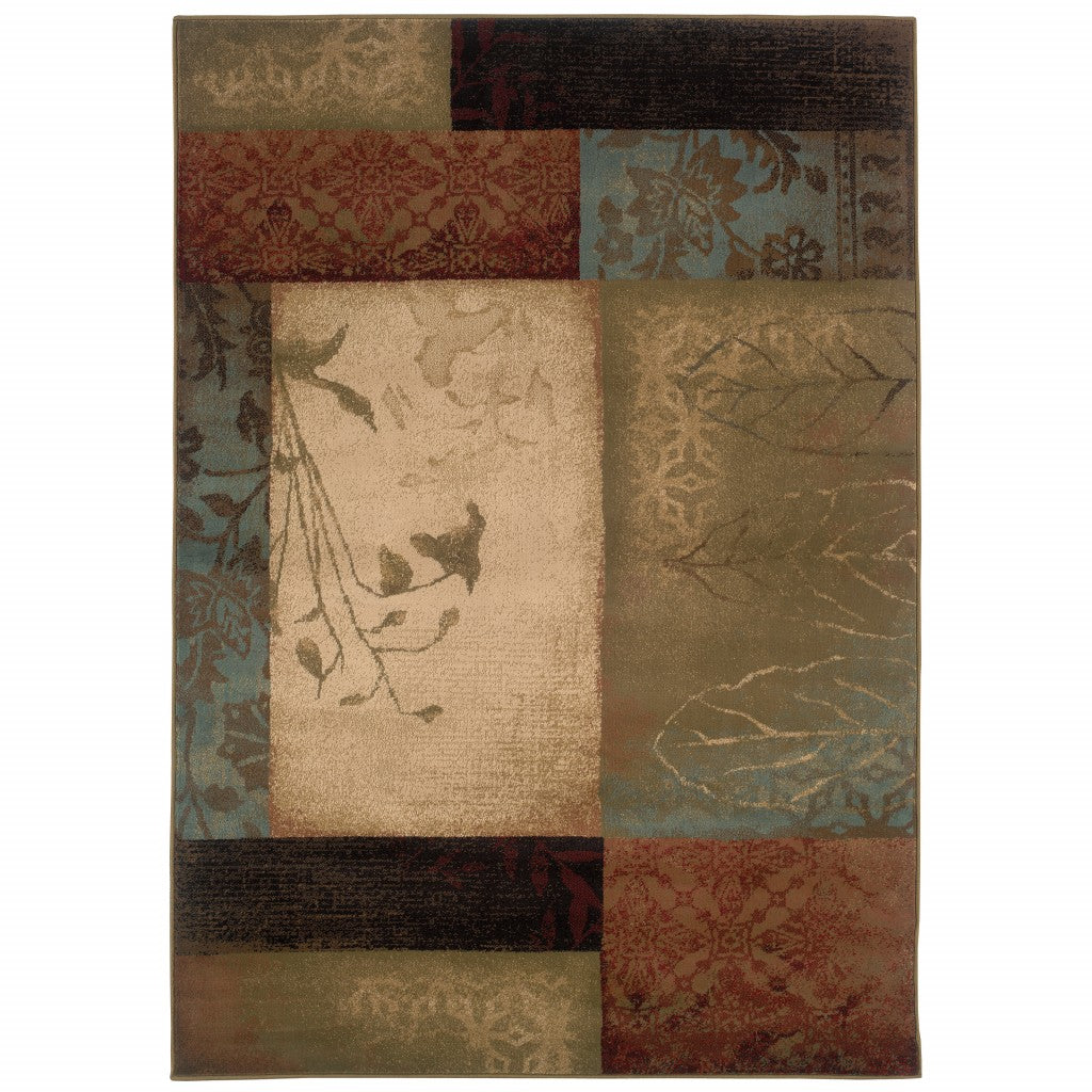 8' X 11' Beige And Brown Floral Block Pattern Area Rug