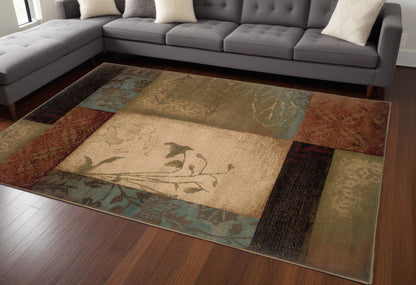 8' X 11' Beige And Brown Floral Block Pattern Area Rug