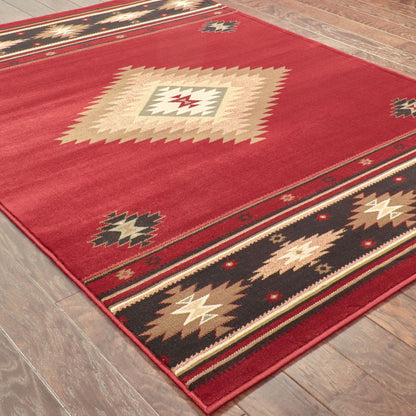 5' X 8' Red And Beige Ikat Pattern Area Rug