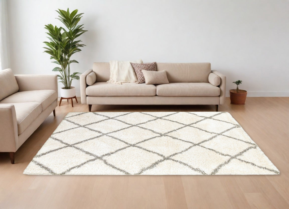 10' X 13' Ivory And Gray Geometric Lattice Area Rug