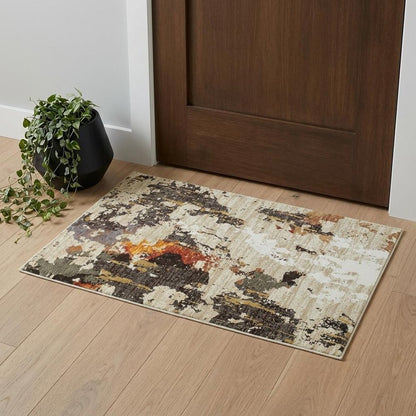 12' Beige Black And Green Abstract Runner Rug
