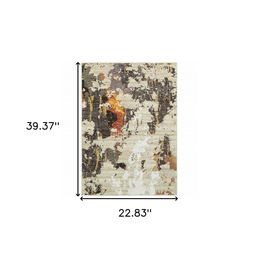 12' Beige Black And Green Abstract Runner Rug