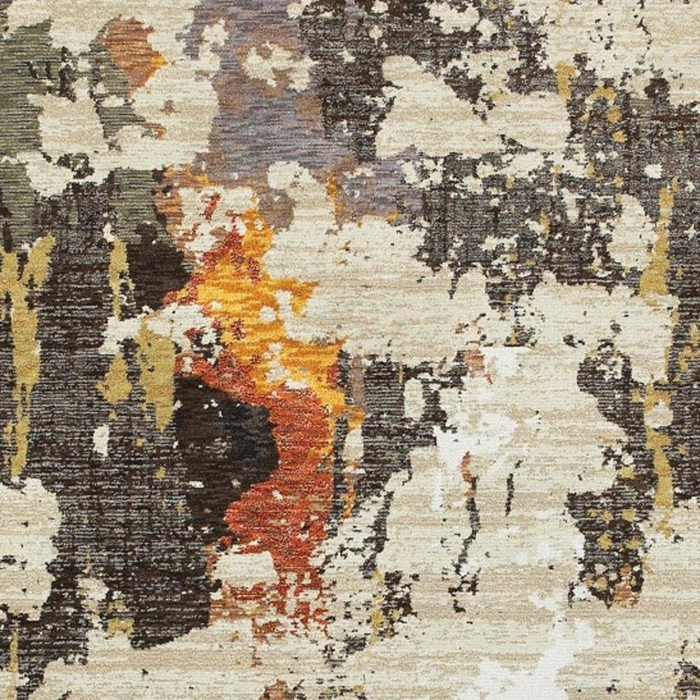 12' Beige Black And Green Abstract Runner Rug