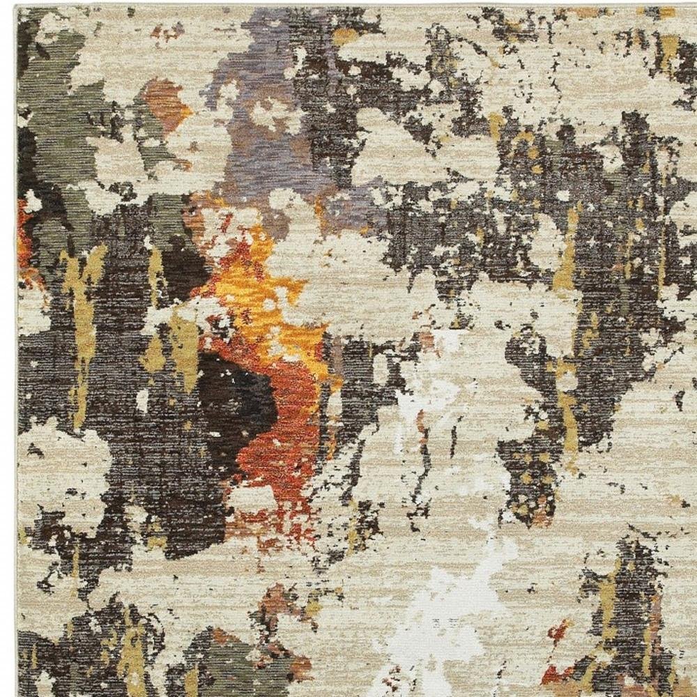 12' Beige Black And Green Abstract Runner Rug