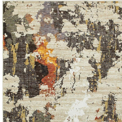 12' Beige Black And Green Abstract Runner Rug