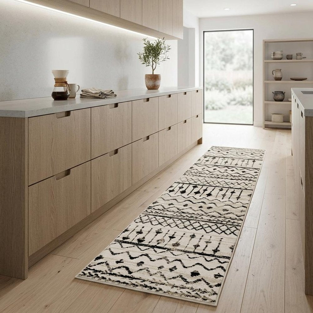 7' X 9' Ivory And Black Abstract Geometric Area Rug