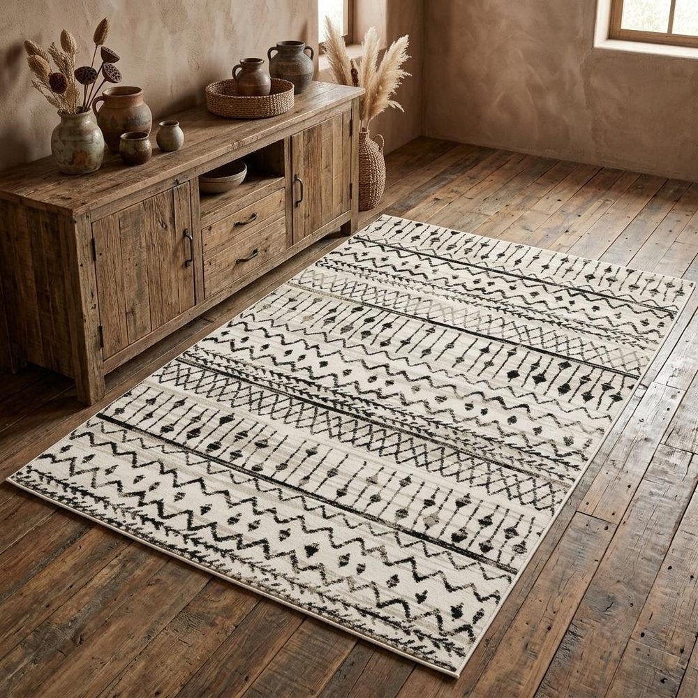 4' X 6' Ivory And Black Eclectic Patterns Indoor Area Rug