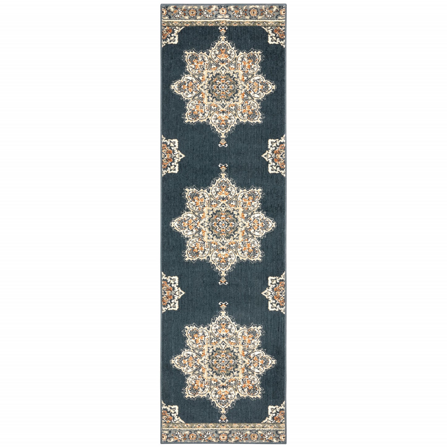 2' X 7' Blue And Beige Floral Medallion Indoor Runner Rug