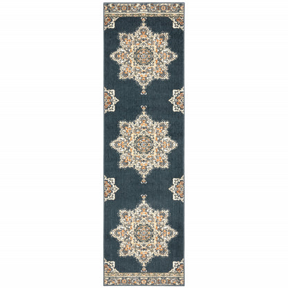 2' X 7' Blue And Beige Floral Medallion Indoor Runner Rug