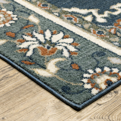 2' X 7' Blue And Beige Floral Medallion Indoor Runner Rug