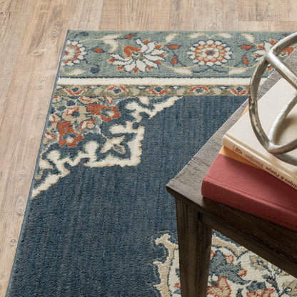 2' X 7' Blue And Beige Floral Medallion Indoor Runner Rug