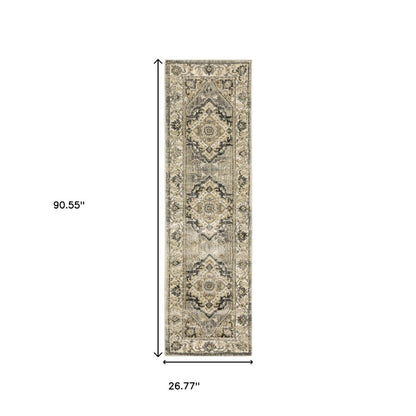 8' X 11' Beige And Gray Medallion Distressed Area Rug