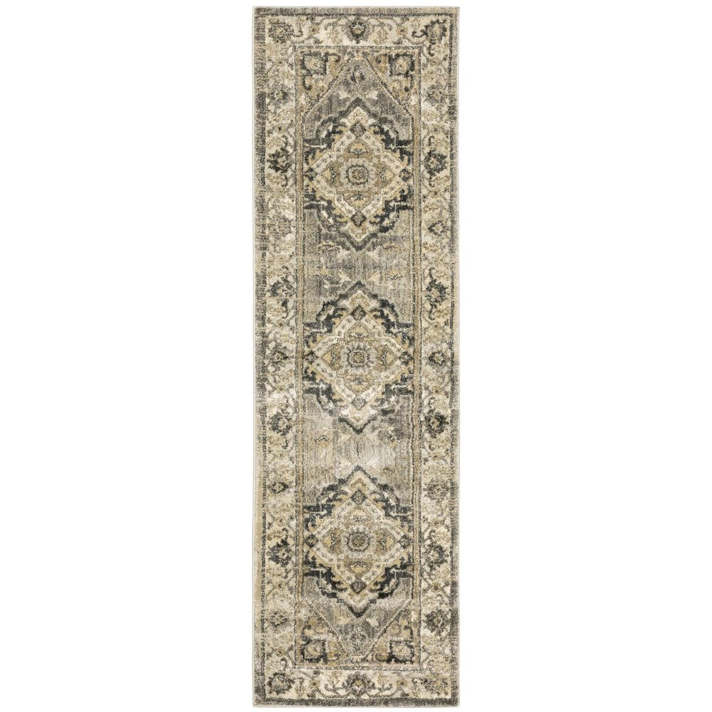 2' X 8' Beige And Gray Traditional Medallion Indoor Runner Rug