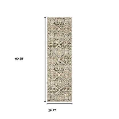 8' X 11' Ivory And Gray Trellis Distressed Area Rug