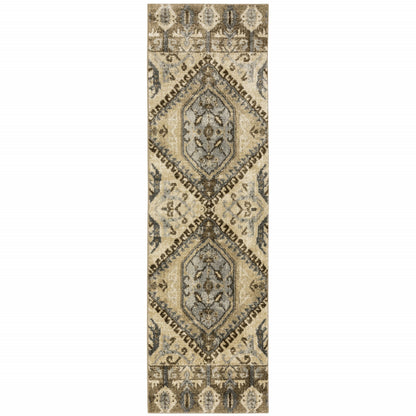 2' X 8' Tan And Gold Central Medallion Indoor Runner Rug