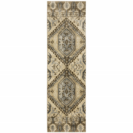 2' X 8' Tan And Gold Central Medallion Indoor Runner Rug