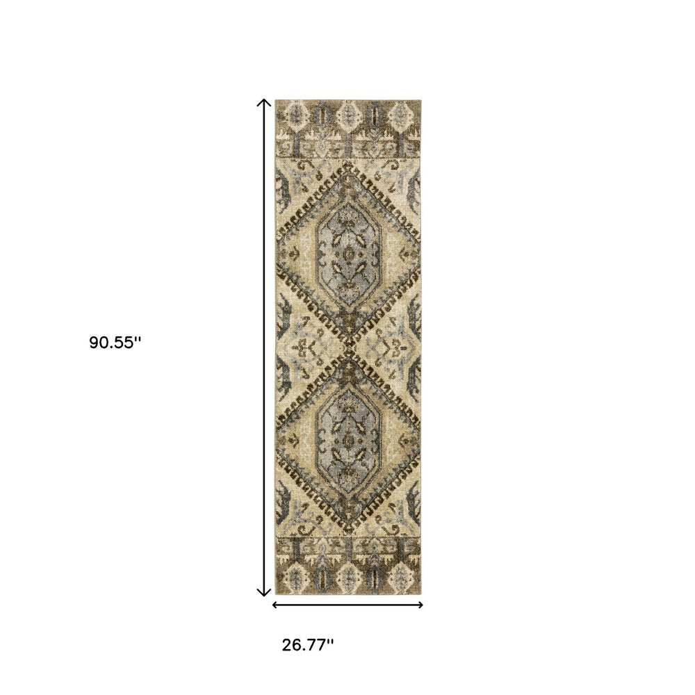 5' X 8' Tan And Gold Medallion Distressed Area Rug