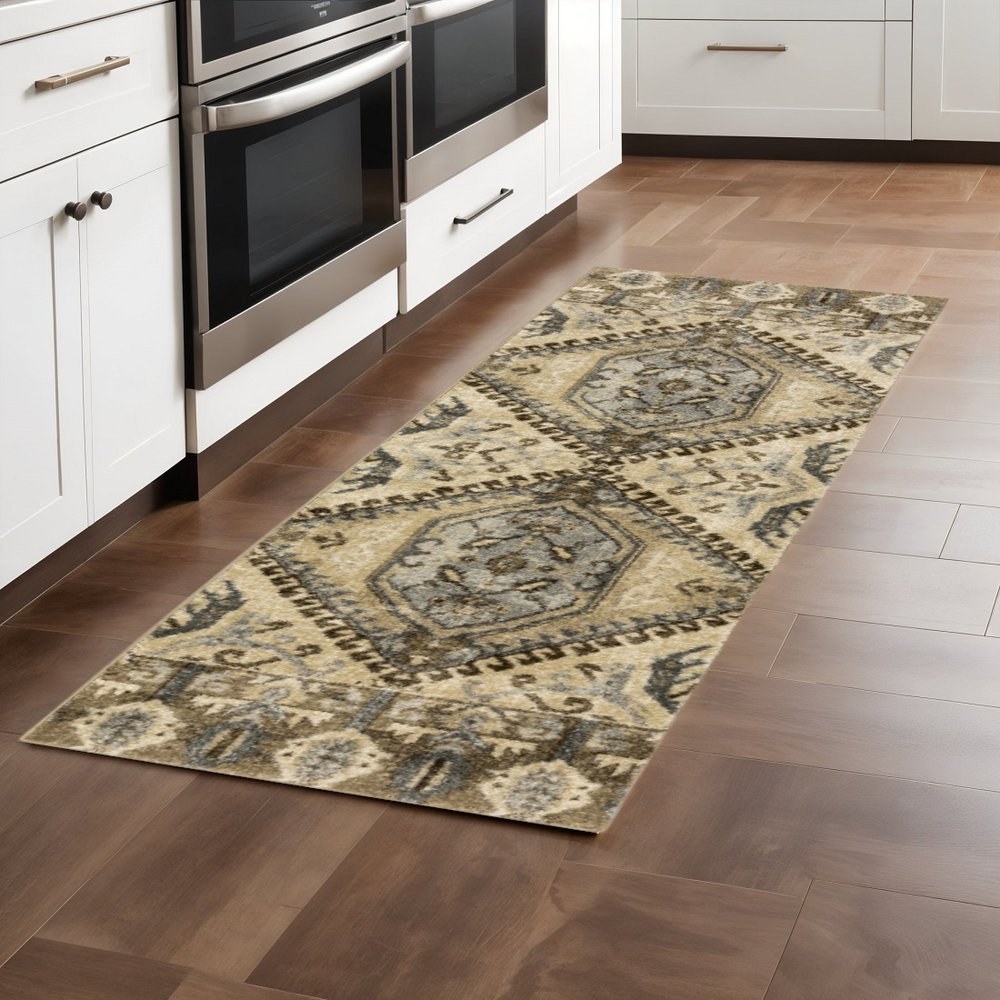 5' X 8' Tan And Gold Medallion Distressed Area Rug