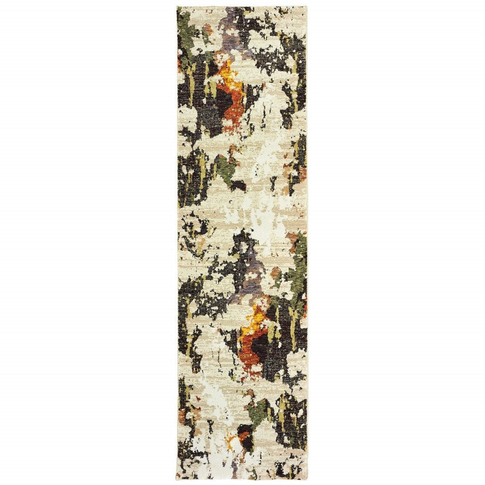 12' Beige Black And Green Abstract Runner Rug