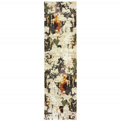 12' Beige Black And Green Abstract Runner Rug
