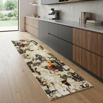 12' Beige Black And Green Abstract Runner Rug