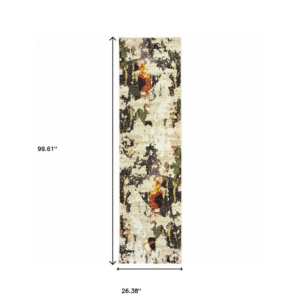 12' Beige Black And Green Abstract Runner Rug