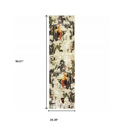 12' Beige Black And Green Abstract Runner Rug