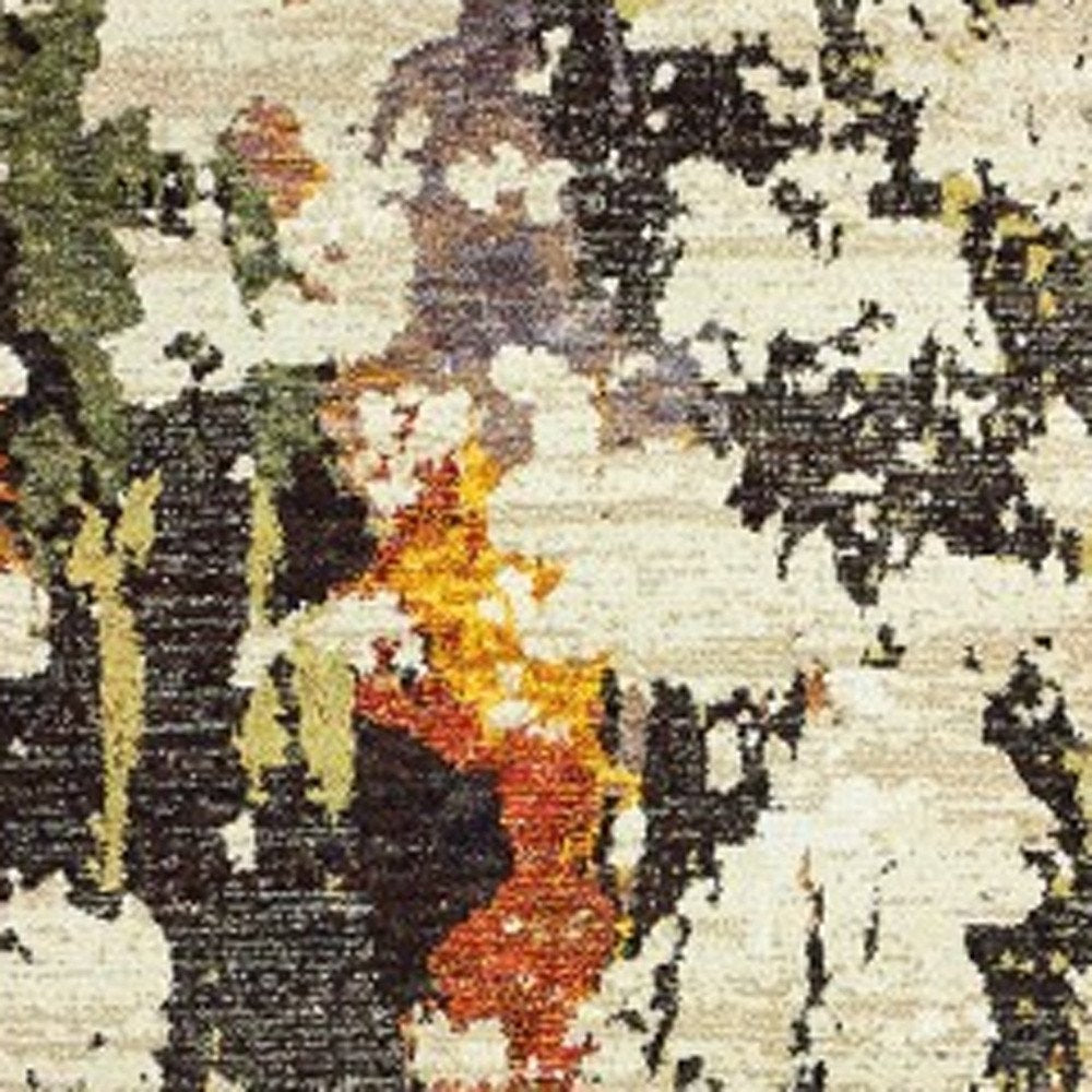 12' Beige Black And Green Abstract Runner Rug