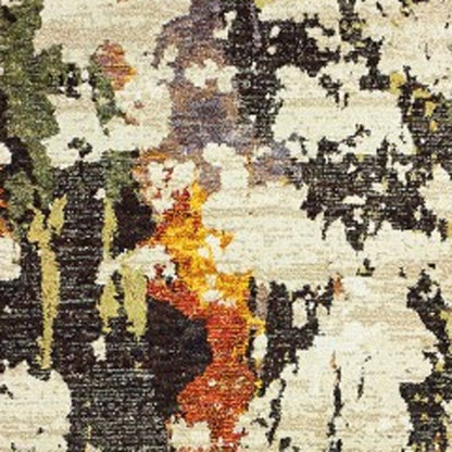 12' Beige Black And Green Abstract Runner Rug