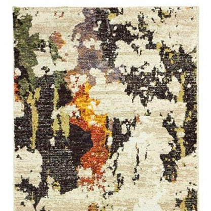 12' Beige Black And Green Abstract Runner Rug