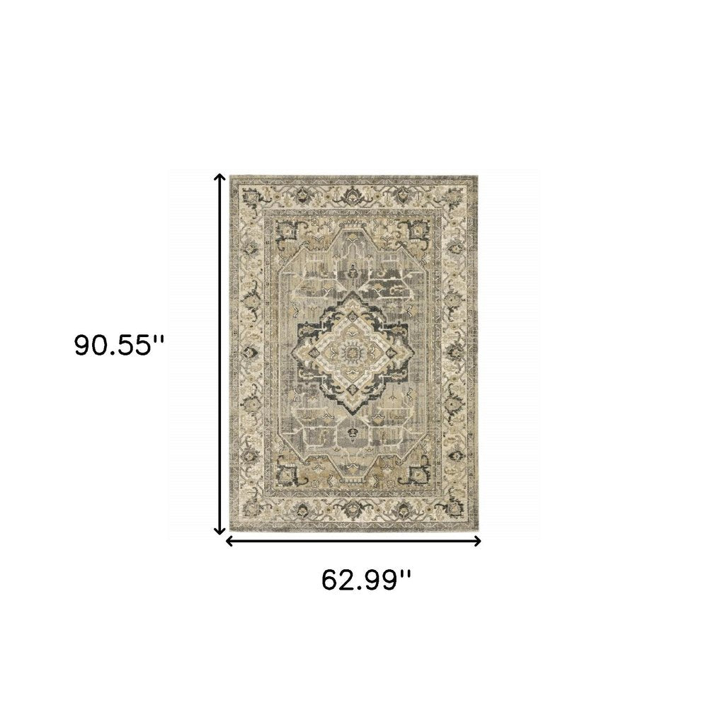 2' X 8' Beige And Gray Traditional Medallion Indoor Runner Rug