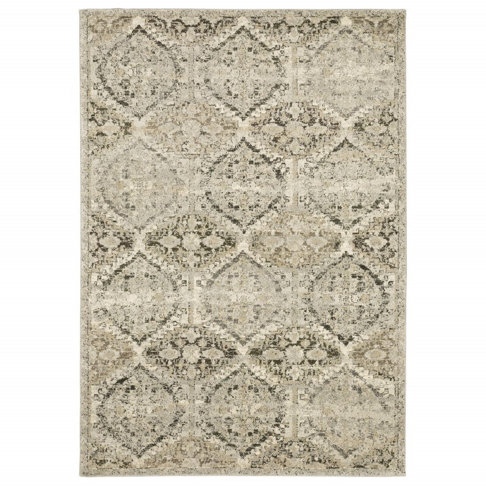 8' X 11' Ivory And Gray Trellis Distressed Area Rug