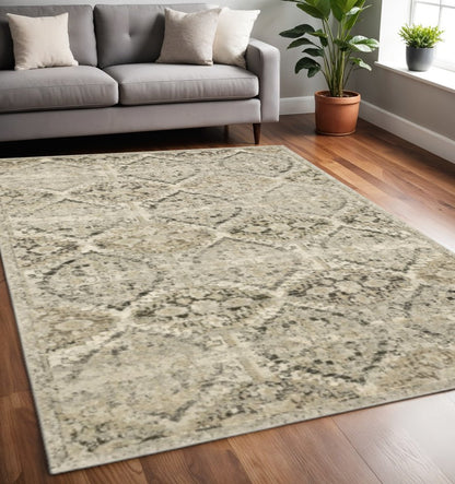 10' X 13' Ivory And Gray Trellis Distressed Area Rug