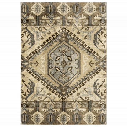 5' X 8' Tan And Gold Medallion Distressed Area Rug