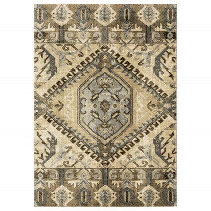 2' X 8' Tan And Gold Central Medallion Indoor Runner Rug