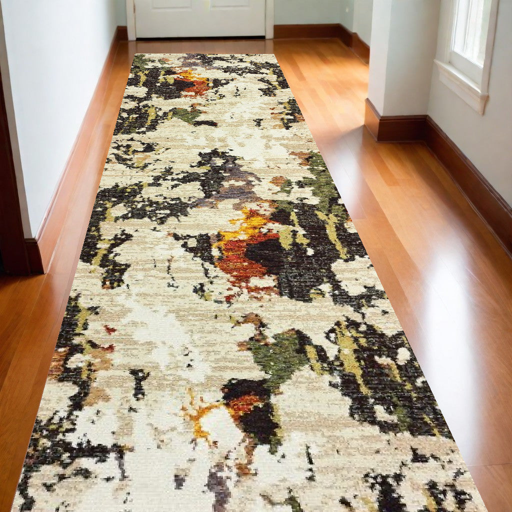 8' Runner Beige and Black Power Loom Runner Rug