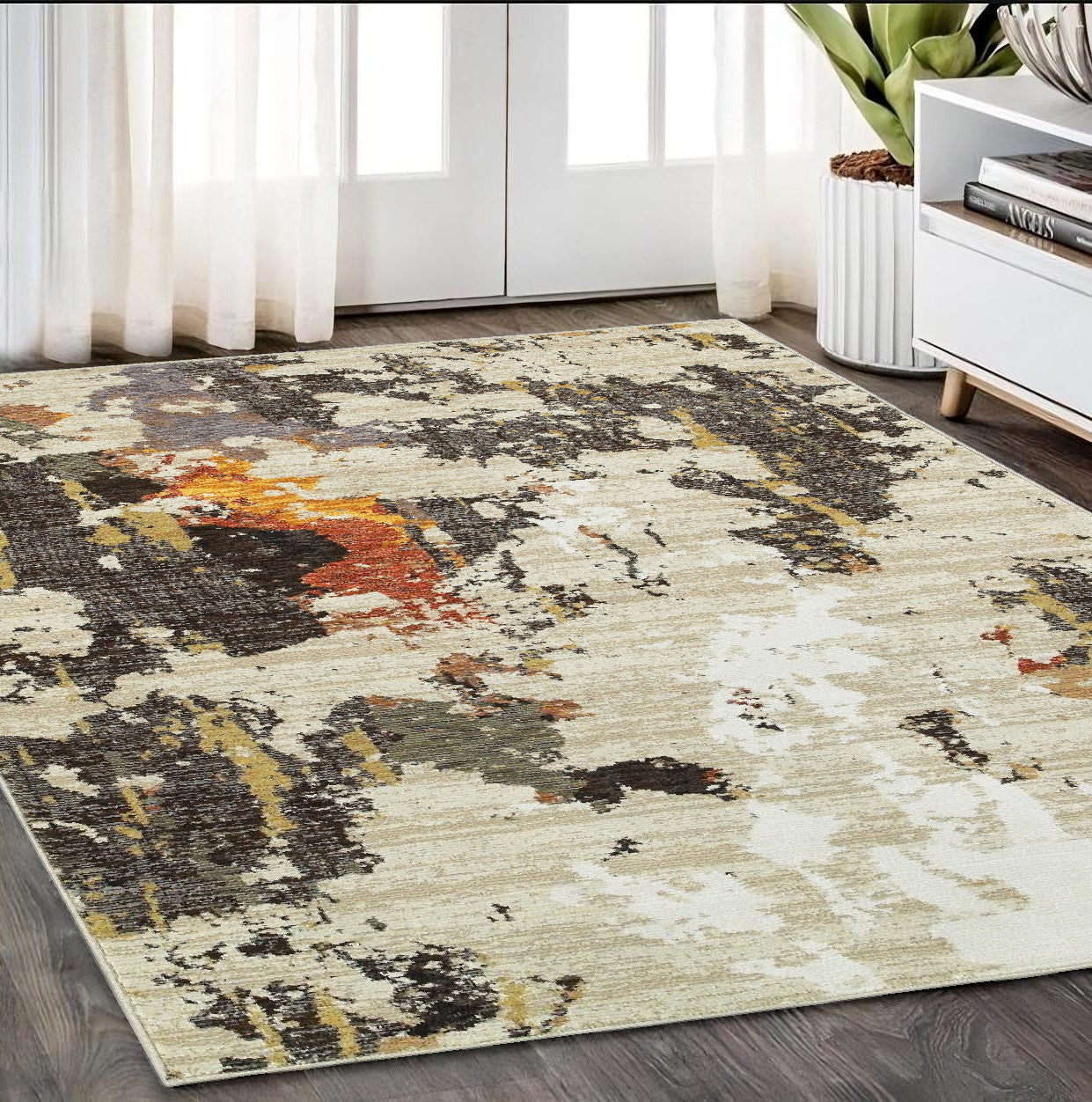 8' Runner Beige and Black Power Loom Runner Rug