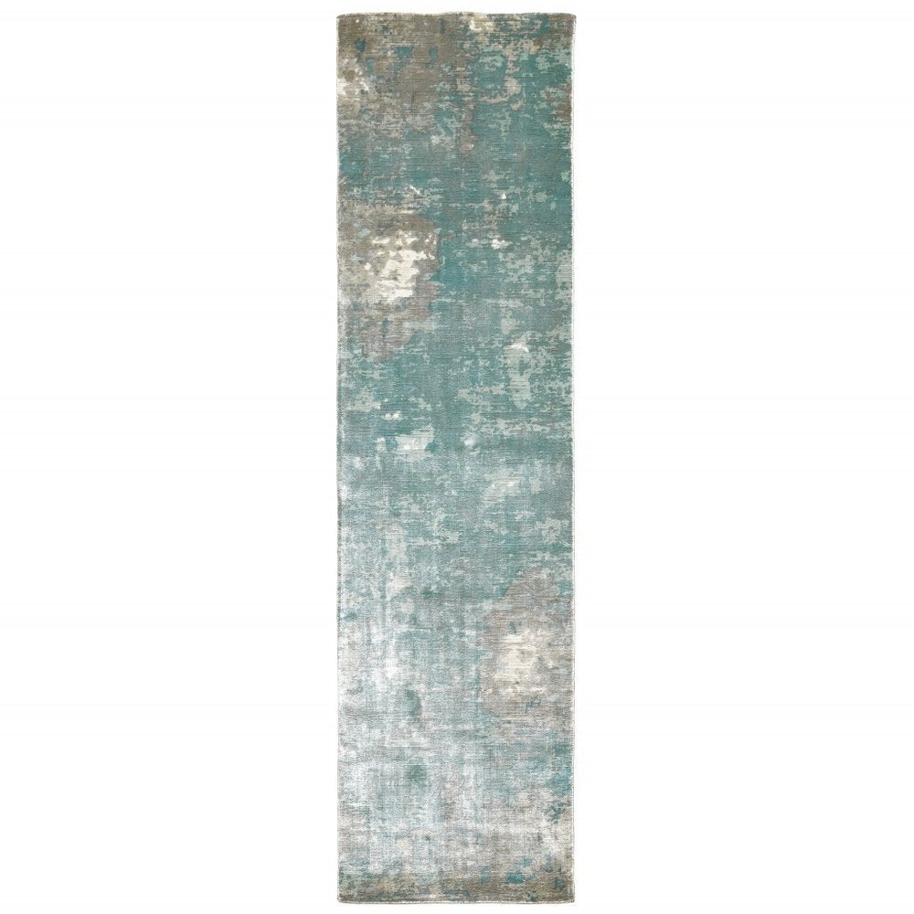 10' X 14' Blue And Gray Abstract Hand Loomed Distressed Area Rug