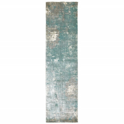10' X 14' Blue And Gray Abstract Hand Loomed Distressed Area Rug
