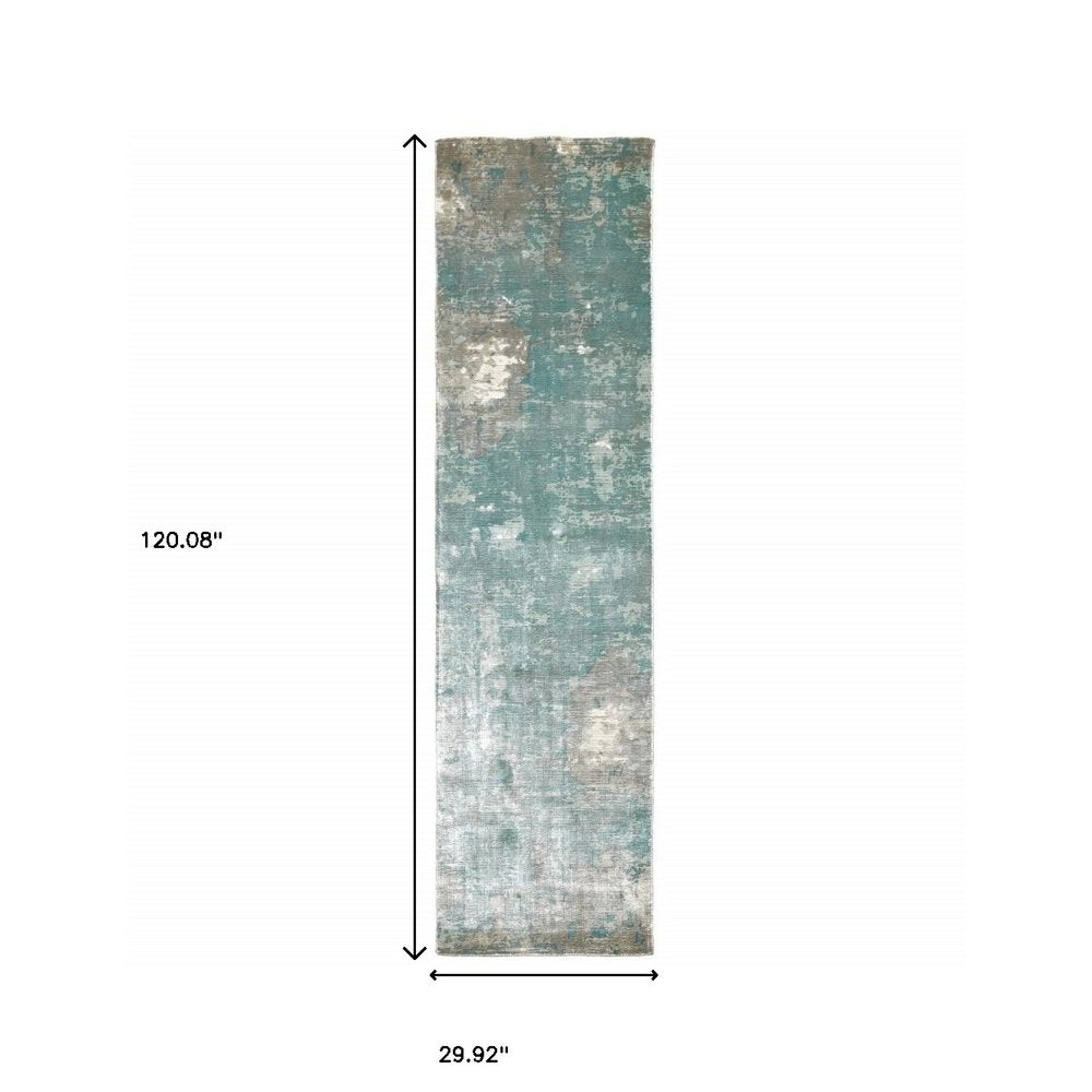 10' X 14' Blue And Gray Abstract Hand Loomed Distressed Area Rug