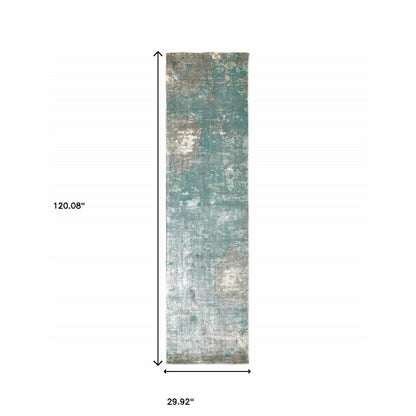 10' X 14' Blue And Gray Abstract Hand Loomed Distressed Area Rug