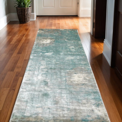 10' X 14' Blue And Gray Abstract Hand Loomed Distressed Area Rug