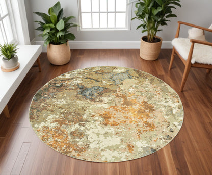 8' Gold and Ivory Round Power Loom Area Rug